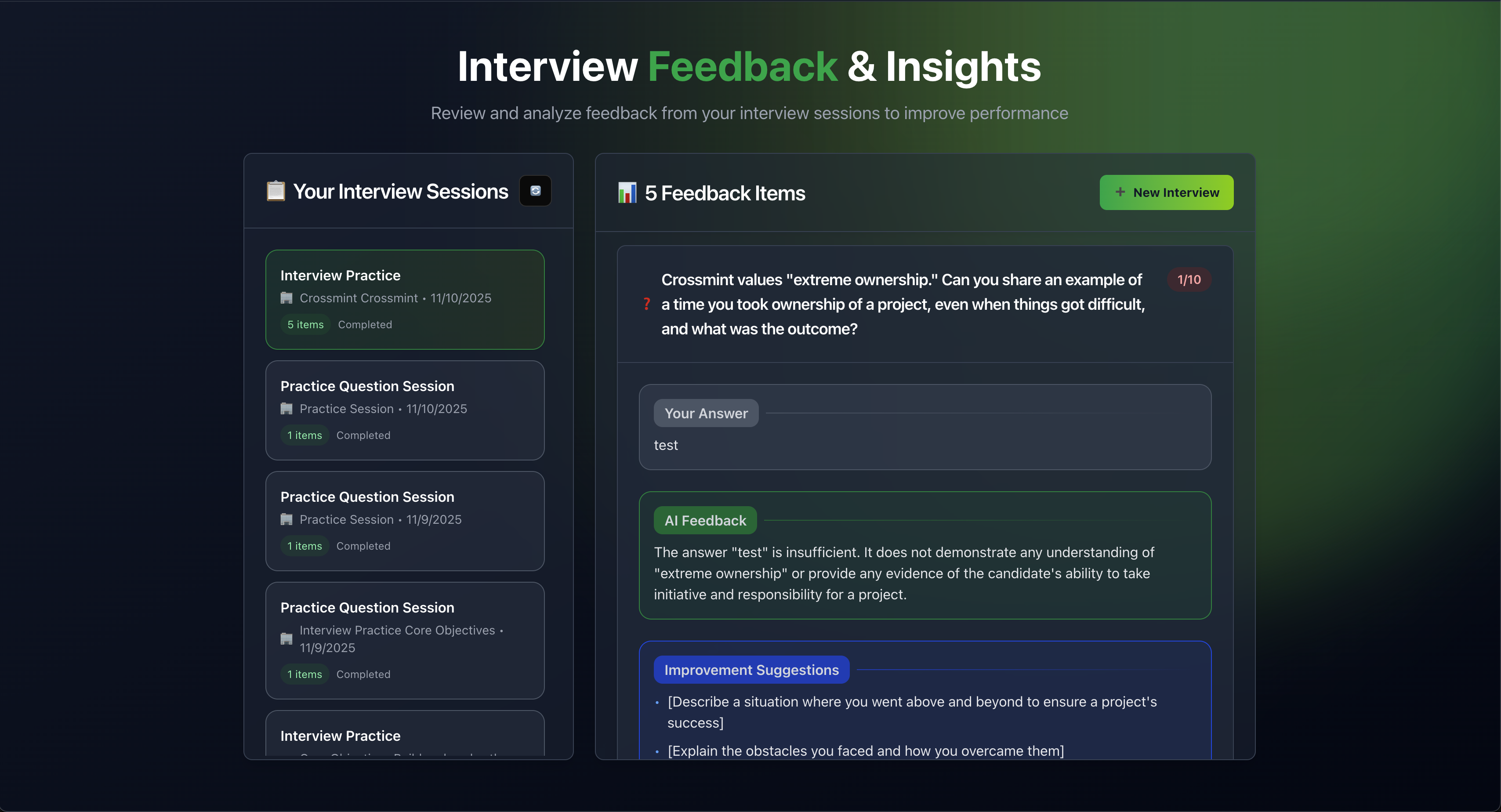 Dashboard View of Interview History
